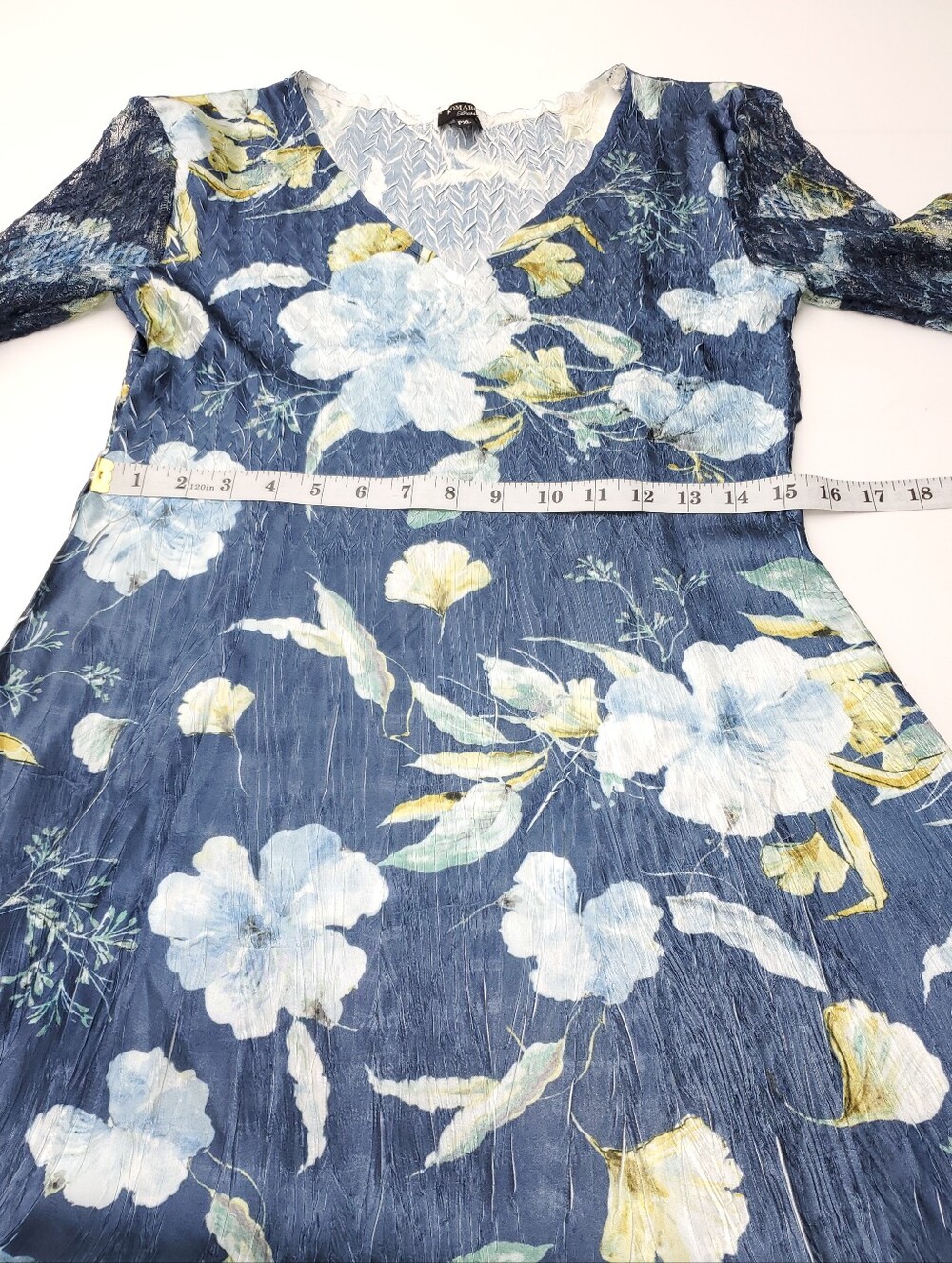 Komarov Lace Sleeve Charmeuse & Chiffon Blue Floral Evening Cocktail Dress PXL - Picture 6 of 14